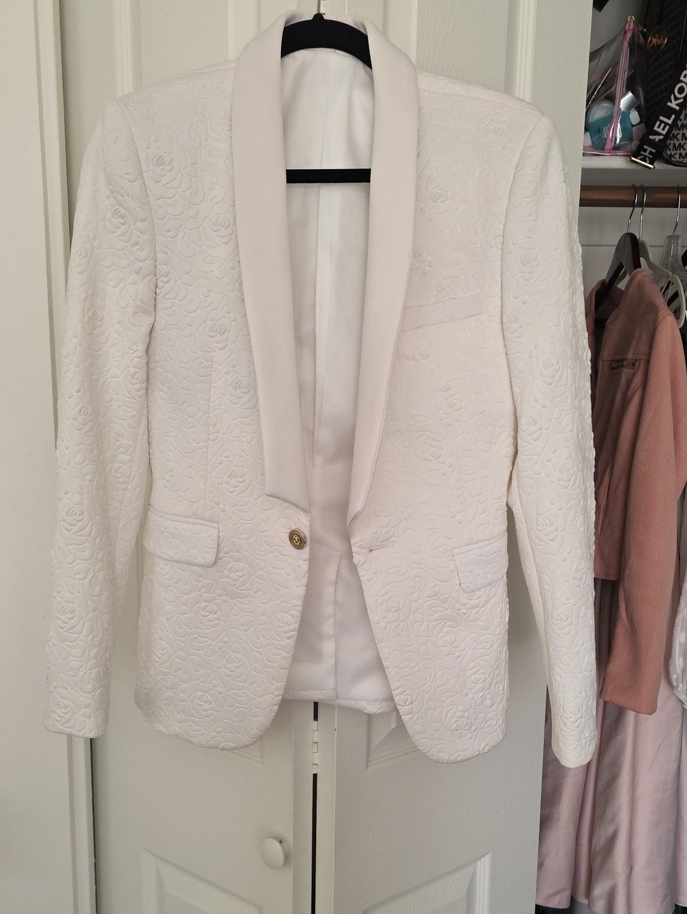 White Textured Shawl Collar Blazer - Classic Men's Formal Jacket